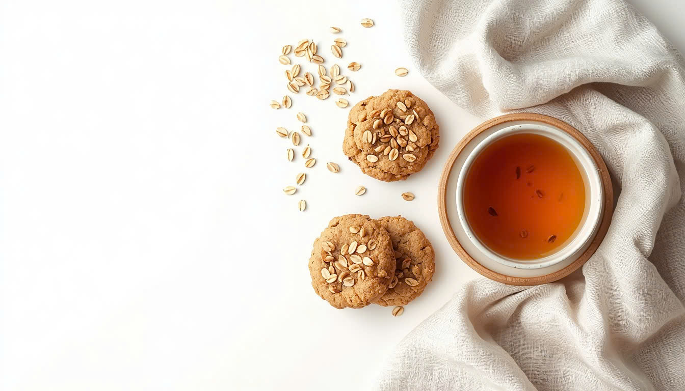 Bánh quy healthy rắc hạt yến mạch bên tách trà nóng trên nền trắng tối giản - Sixcrumbs Cookie